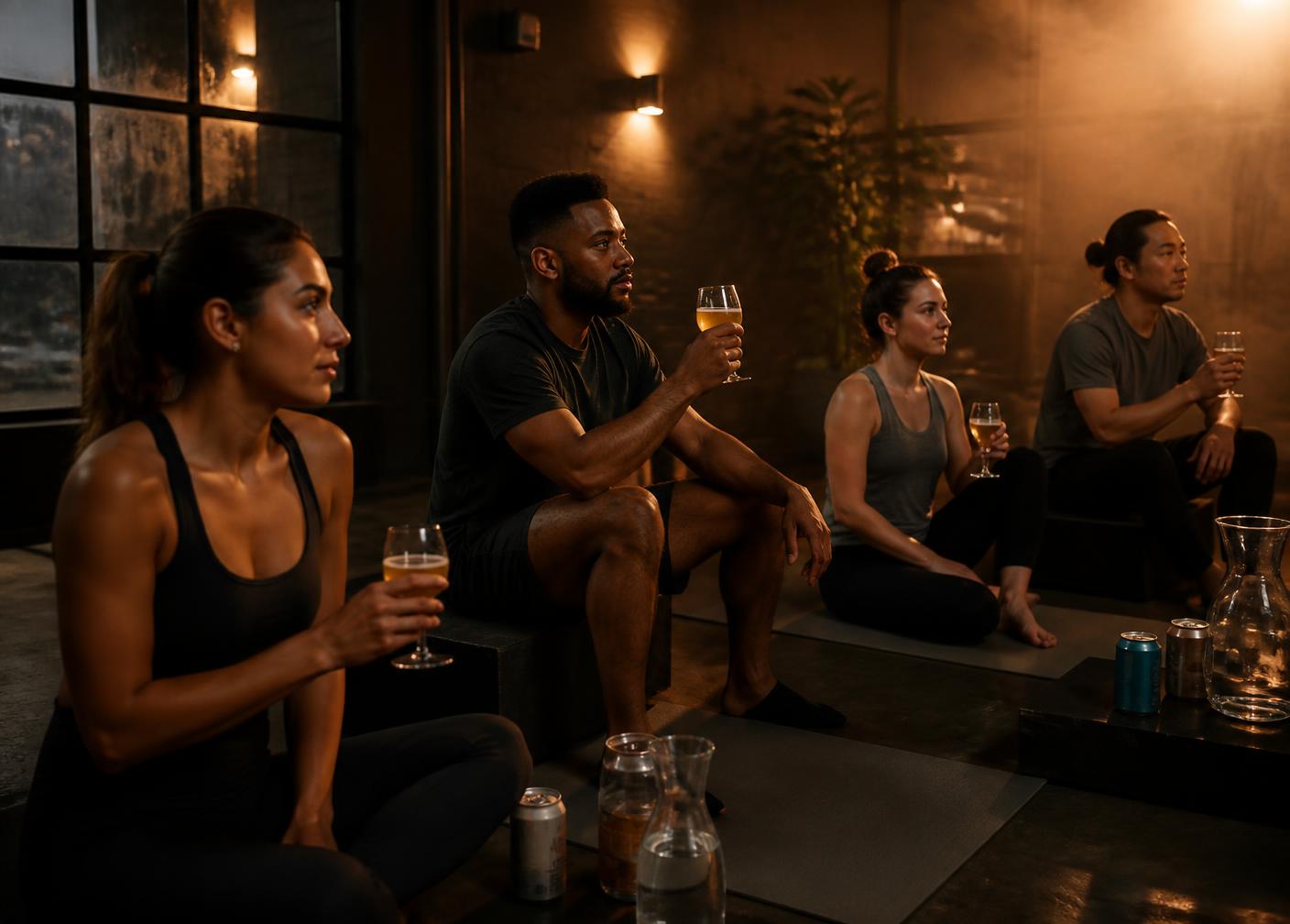 Fin de séance : adultes assis tenant de petits verres de dégustation, carafes d'eau et boissons sans alcool à proximité.