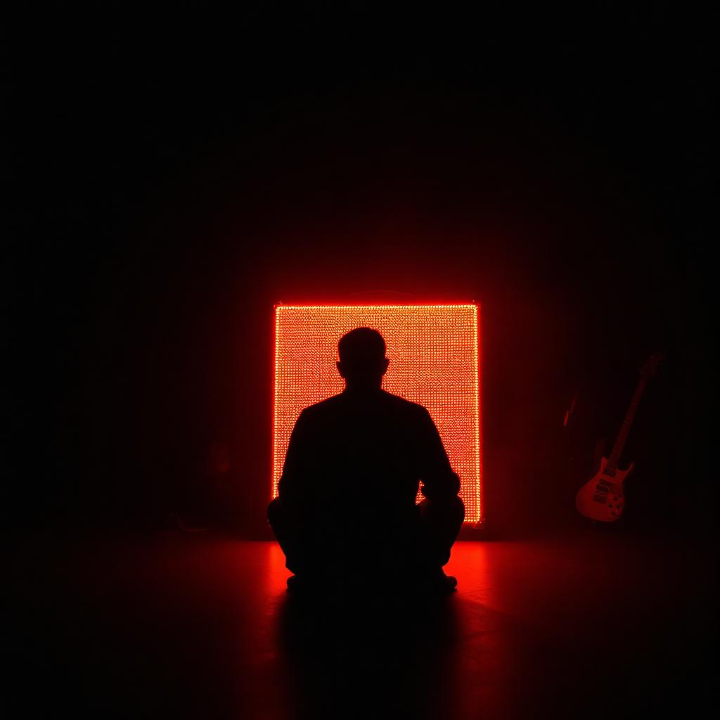 Visualisation générée par IA : silhouette assise de dos face à un mur d'amplificateurs, visage non visible.