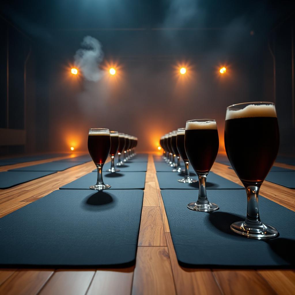 Visualisation générée par IA : rangée de petits verres de bière ambrée alignés sur une table avant une séance.