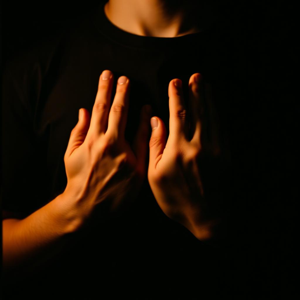 Visualisation générée par IA : gros plan sur des mains jointes en fin de séance, dans une lumière chaude et basse.
