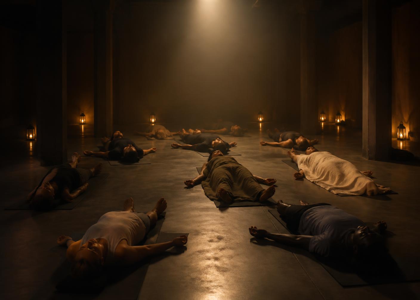 Adultes allongés sur le dos sur des tapis en relaxation, dans une salle sombre à lumière chaude.