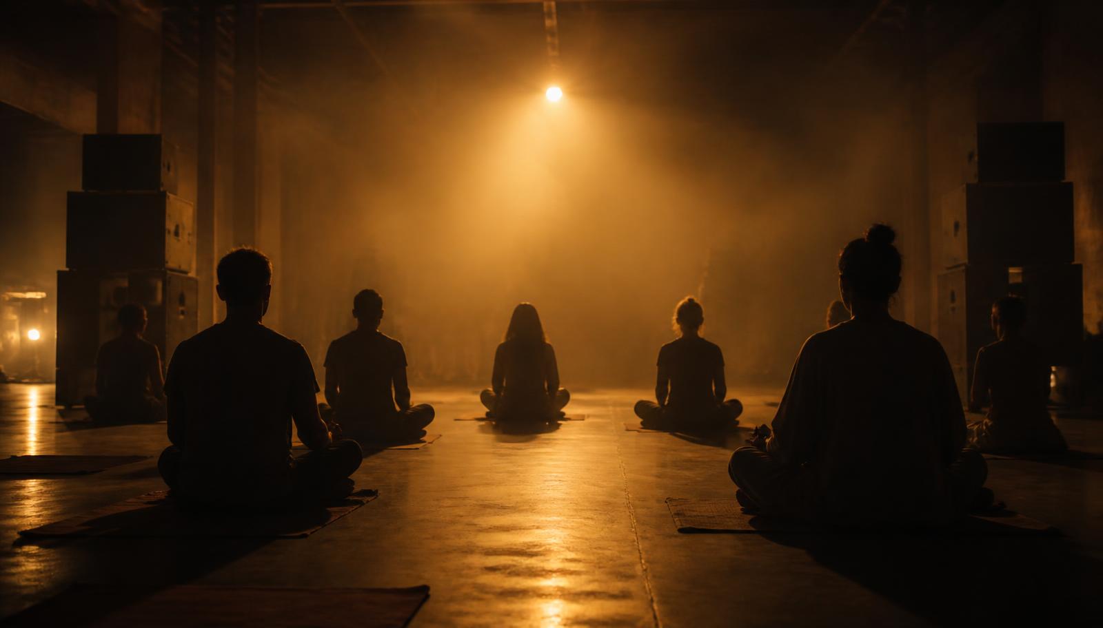 Silhouettes d'adultes assis en méditation à contre-jour dans une halle industrielle embrumée.